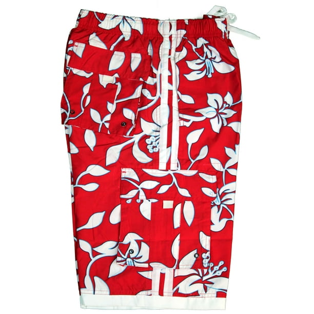 Hawaii Hangover Mens Swim Trunk in All Over Floral Print in Red